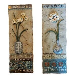 Vintage C. Winterle Olson Signed Ceramic Floral 3D Wall Art Plaques Set of 2